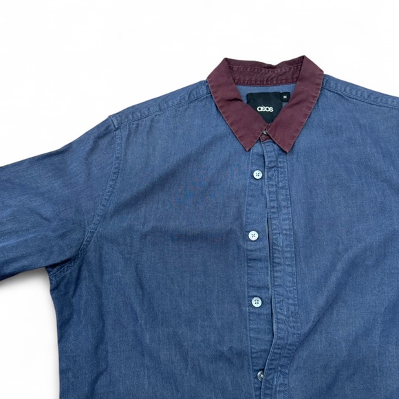 Asos - Men's Blue Denim Shirt with Maroon Collar - Picture 4 of 5